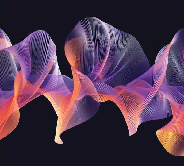 Abstraktes digitales Kunstwerk für Human Design Reading, darstellend eine dynamische Komposition von verschlungenen, wellenförmigen Linien in leuchtenden Lila- und Orangetönen, die sich vor einem dunklen Hintergrund winden und eine Assoziation zu Energieflüssen und persönlichen Verbindungen im Human Design wecken.